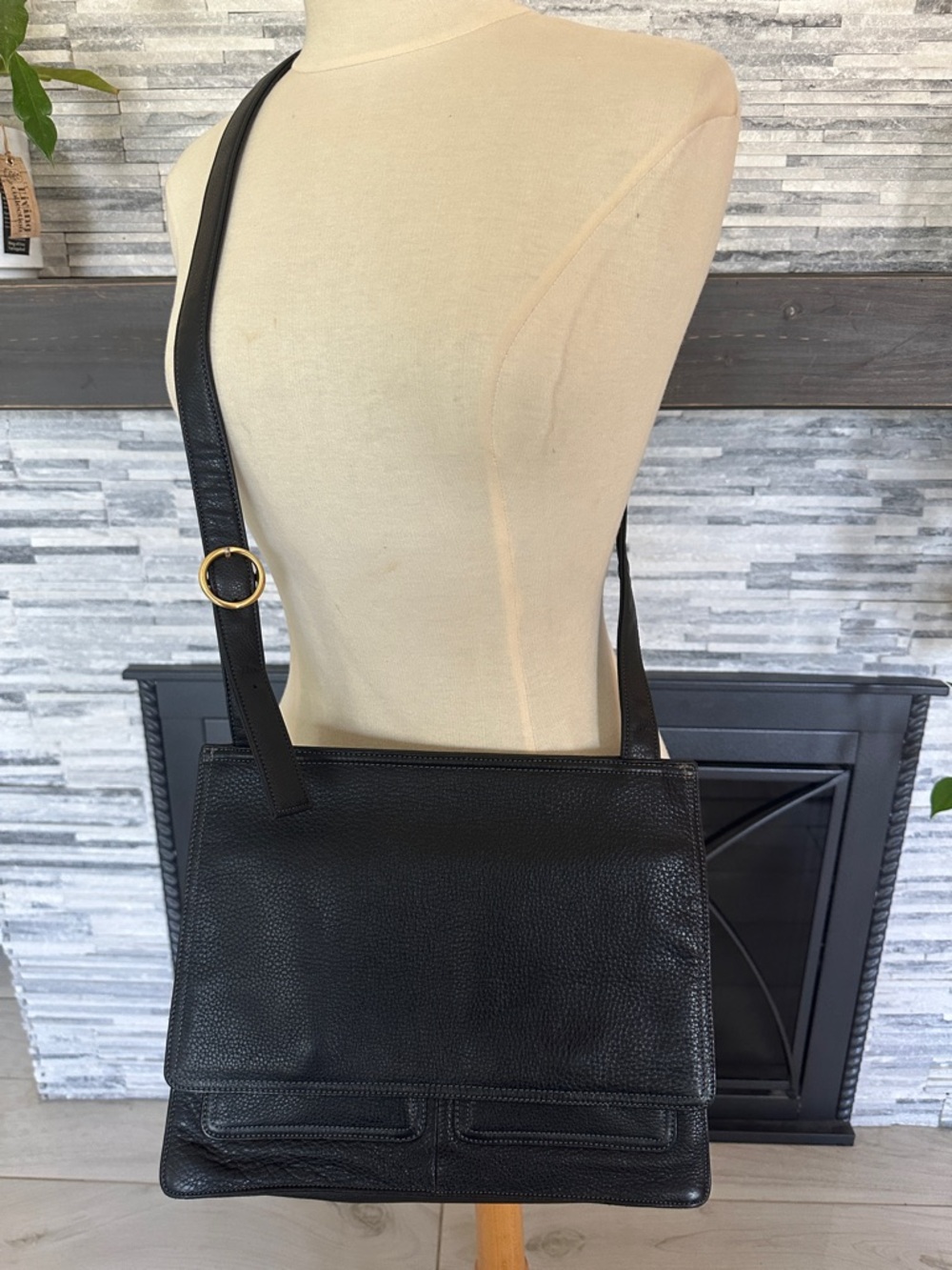 Structured Black Pebbled Leather Crossbody Bag
